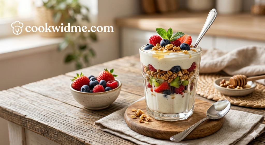 Healthy yogurt parfait with fruits and granola